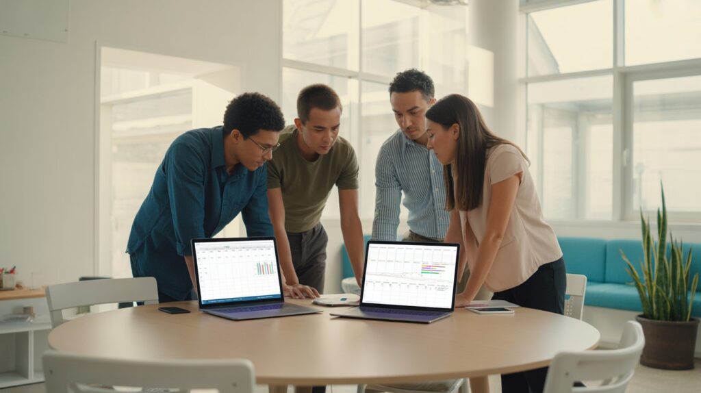 Social media professionals planning ad campaigns and reviewing audience engagement metrics together.