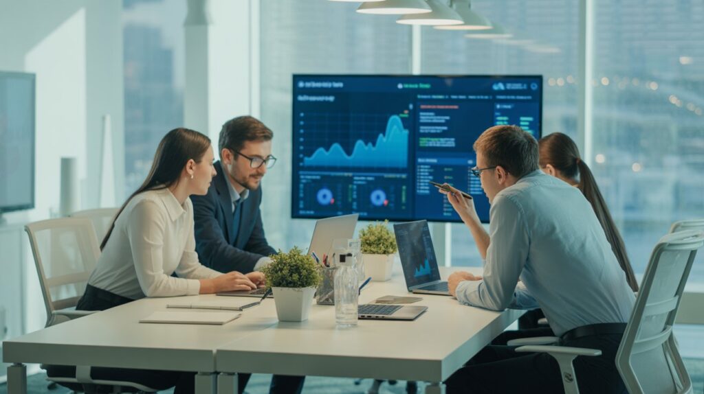 Small business owner discussing digital marketing performance reports with a consultant showing SEO and Google Ads analytics.