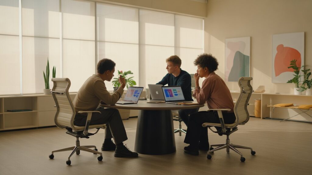 Creative marketing team brainstorming social media content ideas and analyzing engagement data on laptops.