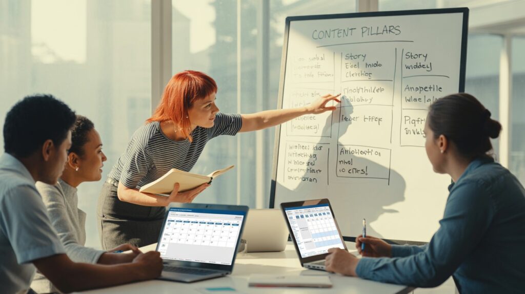 Content marketing team creating blog strategies and keyword outlines for small business clients.