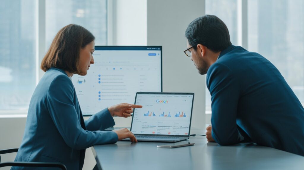 SEO expert showing search engine analytics and ranking performance to a small business owner in a modern office.