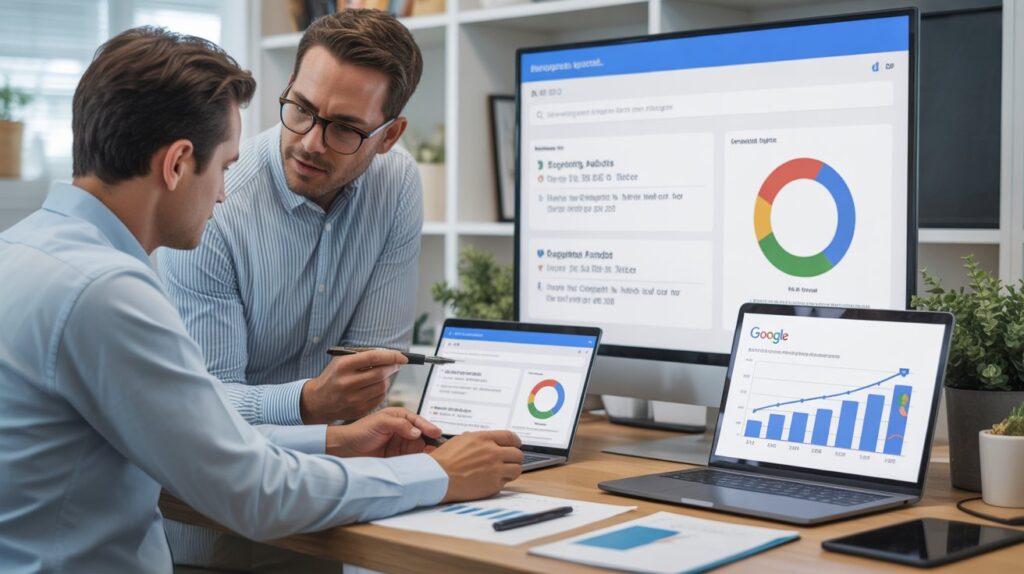 Business team reviewing affordable SEO plan and organic traffic performance reports on laptop screens.