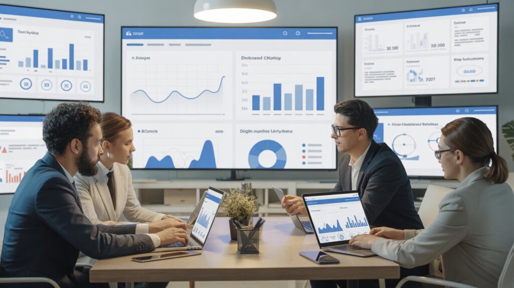 Small business owner reviewing online marketing strategy and campaign performance charts with a digital marketing consultant.