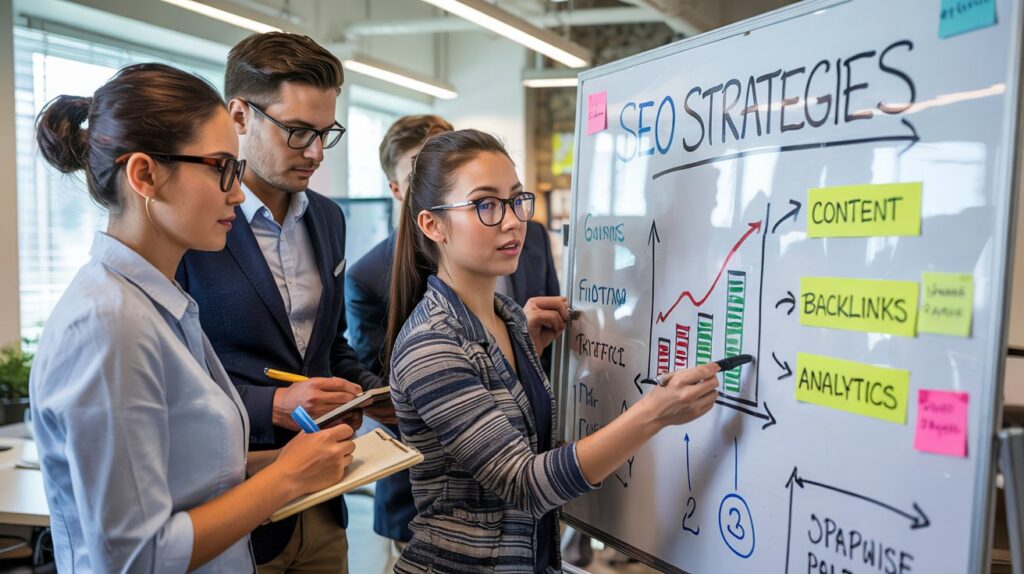 Small business team planning and optimizing their SEO strategy with data-driven insights.